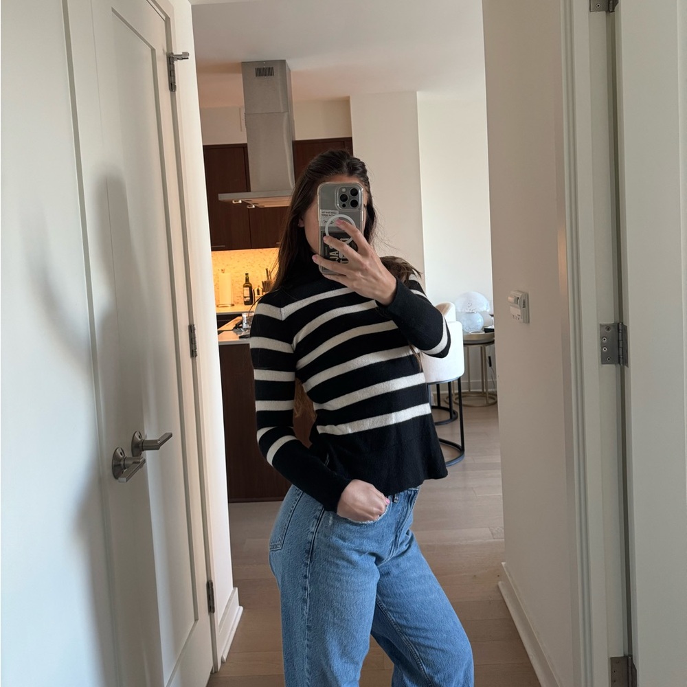 The Cashmere Project 100% Cashmere Black and White Striped turtleneck